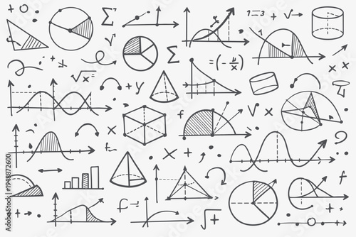Hand Drawn Mathematics and Geometry Doodle Vector Seamless Pattern with Formulas, Graphs, Charts, and Scientific Symbols on White Background for Education, Science, and Academic Study and Research