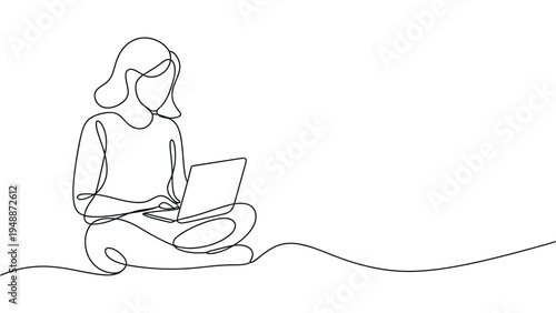 Continuous line woman using laptop illustration, minimalist female freelancer working online outline drawing isolated on white background