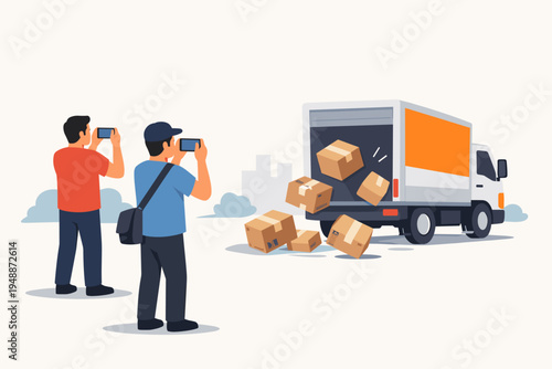 Men taking photos with smartphones of a delivery truck losing its cargo of cardboard boxes on the road, flat vector illustration of a shipping accident, package damage, and logistics failure.