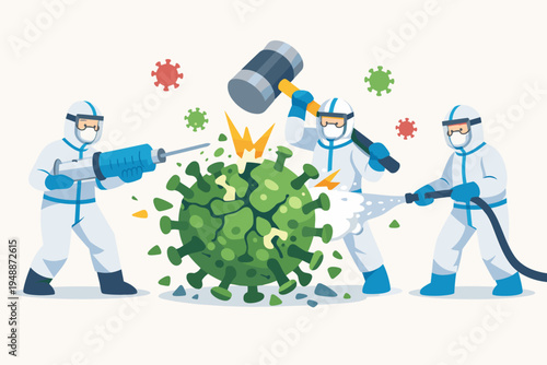 Medical Staff in Protective Hazmat Suits Fighting and Destroying Coronavirus with Syringe, Hammer, and Disinfectant Spray, Flat Vector Illustration of Healthcare Workers Battling COVID-19 Pandemic.