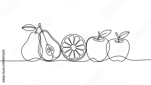 Continuous line pears apple and citrus fruit illustration, minimalist healthy food outline drawing with fresh fruits isolated on white background