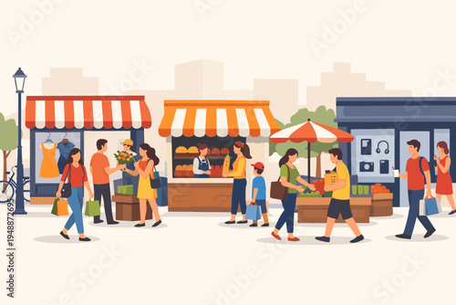 People shopping at various street market stalls and shops in a city. Flat vector illustration of a busy urban scene with a bakery, clothing store, electronics shop, and fresh fruit stand.