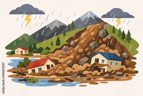 Flat vector illustration of a massive landslide and mudslide caused by a heavy rainstorm with lightning, burying residential houses at the foot of a mountain during a natural disaster event.