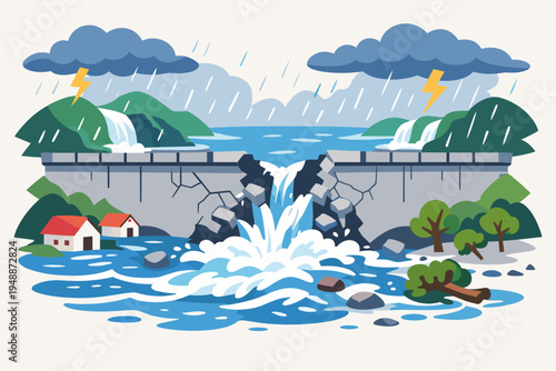 Flat vector illustration of a catastrophic dam wall breach caused by heavy monsoon rain and overflow, leading to a massive flood submerging houses and trees during a severe thunderstorm.