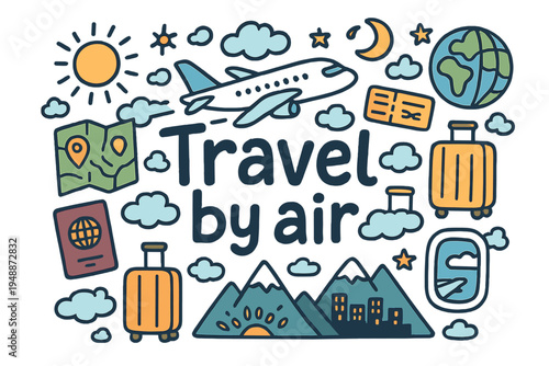 Air Travel Doodle. Travel by air. Hand-drawn doodle illustration of travel by air. Airplane, wing, map, globe,