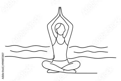 Beach Yoga Bliss. "Beach Serenity". Minimalistic one-line drawing woman doing yoga on beach surrounded by calm