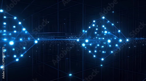 Dark blue abstract background with glowing interconnected digital network dots and lines