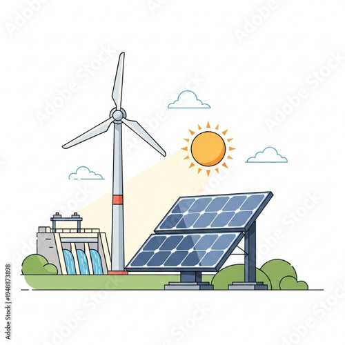 Clean Renewable Energy Concept with Wind Turbine Solar Panel and Hydroelectric Dam Vector Illustration