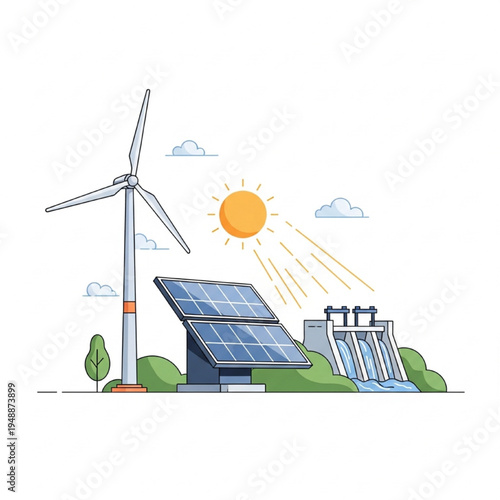 Clean Renewable Energy Concept with Wind Turbine Solar Panel and Hydroelectric Dam Vector Illustration