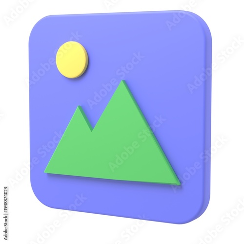 Free Download A high-quality 3D render of an image placeholder icon featuring green stylized mountains and a yellow sun on a blue-purple rounded square background. Ideal for modern website UI and mobile app interfa - GFXLoad