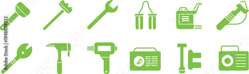 A collection of green representing various tools and equipment for construction and repair work