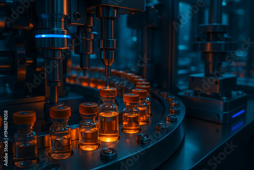 Automated robotic machine filling medicine vials with orange caps in advanced pharmaceutical manufacturing facility