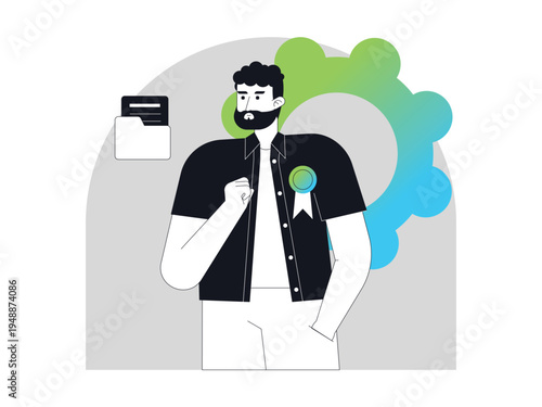 The illustration of a man with an award badge on his chest, accompanied by a folder and gear icon, symbolizes professionalism, achievement, and the ability to manage work or systems.