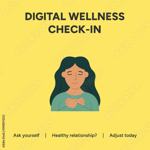 Engaging vector graphic illustration promoting digital wellness check in emphasizing self-care assessment and healthy mindful technology relationship adjustments for personal balance