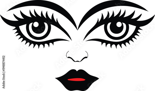 Vector illustration of woman's face with makeup, eyes and lips