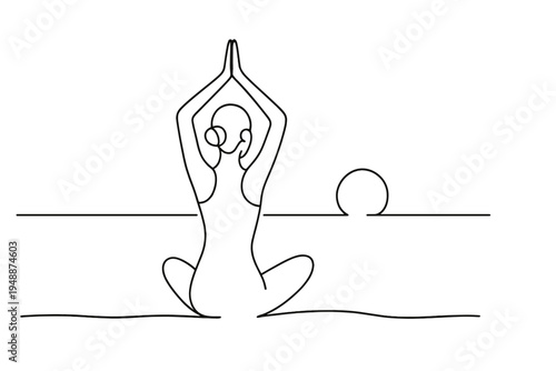 Sunrise Yoga Silhouette. "Calm Horizon". Minimalistic one-line drawing silhouette of yoga woman on beach