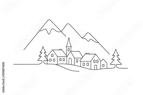 Alpine Resort Outline. "Alpine Resort". Minimalistic one-line drawing cozy ski resort village nestled among