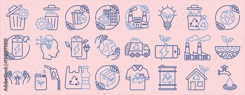 Eco Sustainability Icon Set. Including eco, ecology, environment, sustainability, recycle, recycling, green, energy, renewable, nature, leaf, plant, battery, electricity, power, industry, factory