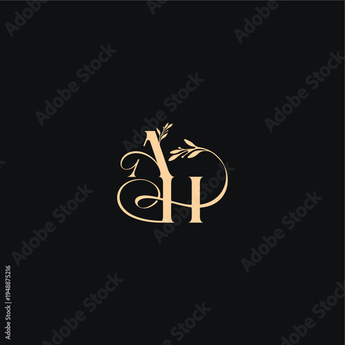 monogram elegant concept luxury feel with wavy line AH organic leaves wedding logo letter