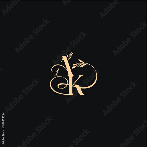 monogram elegant concept luxury feel with wavy line AK organic leaves wedding logo letter