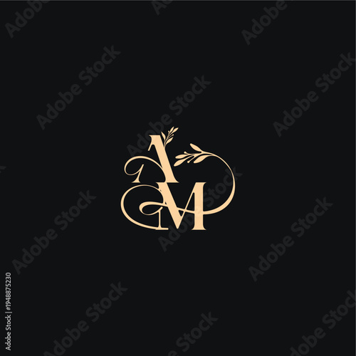 monogram elegant concept luxury feel with wavy line AM organic leaves wedding logo letter