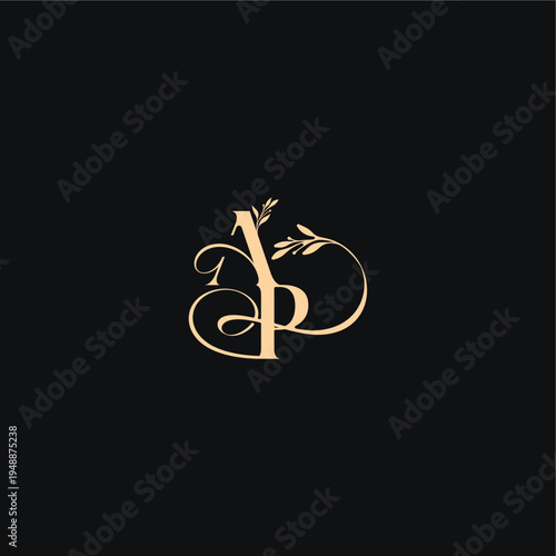 monogram elegant concept luxury feel with wavy line AP organic leaves wedding logo letter