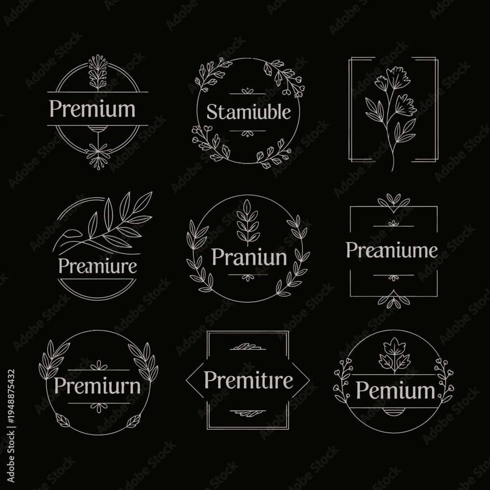 Fototapeta premium Set of nine elegant floral and leaf-themed premium badges and emblems.