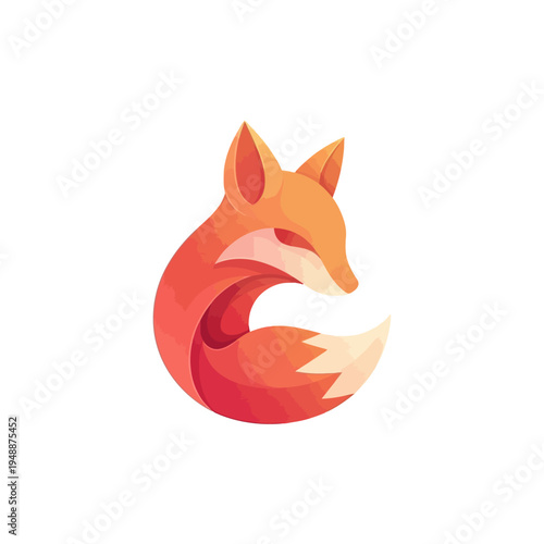 Stylized orange fox logo design with a curled body and bushy tail.