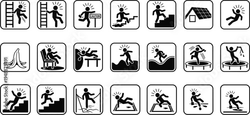 Set of safety icons and pictograms showing accident risks like falling from ladders, slipping, tripping, and injury hazards on white.
