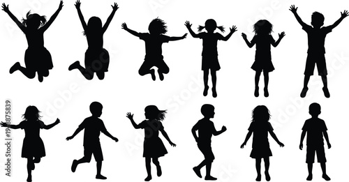 Set of happy children silhouettes, jumping and running kids, boys and girls playing together, joyful childhood moments isolated on white, background.