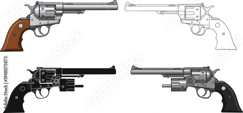 Set of revolver handgun illustrations in different styles including realistic color, black silhouette, line art, and detailed grayscale, on white.