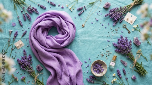 Wallpaper Mural Playful flat lay of a purple scarf with lavender flowers and decor   Torontodigital.ca