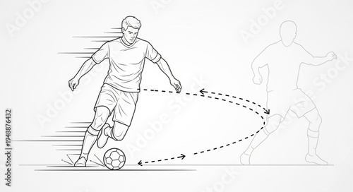 Soccer player dribbling ball with motion lines and ghosted player.