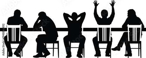 Business Meeting Silhouettes Showing People Sitting At Table Expressing Boredom Success Tiredness And Collaboration Concepts Isolated On A White Background