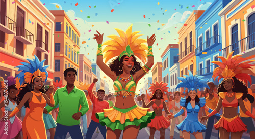 Vibrant Vector Illustration of a Joyful Brazilian Carnival Celebration with Dancers and Crowds in a Colorful Street