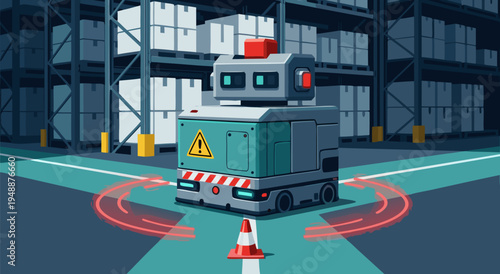 Autonomous Warehouse Robot Vector Illustration Navigating with Red Arrows in a Futuristic Logistics Environment