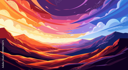 Vibrant Sunset Landscape Vector Illustration - A Stunning Digital Art of Majestic Mountains Under a Fiery Sky