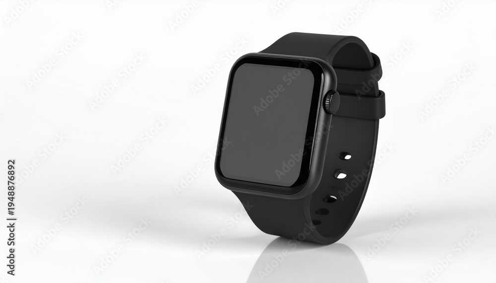 Fototapeta premium A sleek black smartwatch with a blank screen is displayed on a white surface.