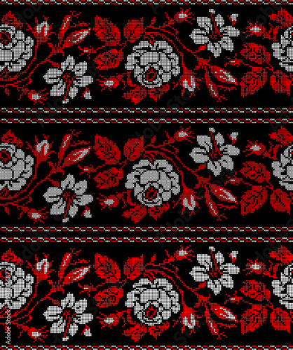 Ukrainian vyshyvanka embroidery seamless vector set with traditional folk floral ornament. Red and black ethnic textile pattern with flowers, branches and leaves