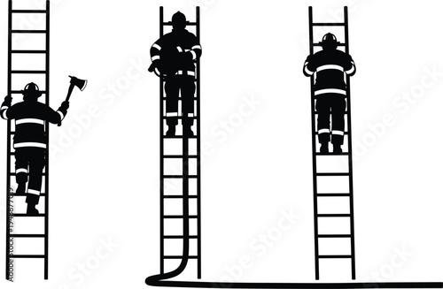 Firefighter silhouettes climbing ladders with axe and hose, fireman rescue operation icons for emergency services, fire department and safety concepts