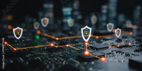 Cyber security shields above circuit board showing protected hardware network resilience and embedded system defense