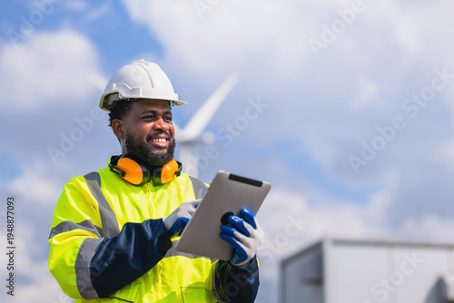 Male man engineer inspection by tablet gesture check control wind power