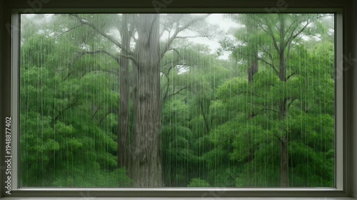 A serene view from a window of a dense, lush green forest with tall trees and rain