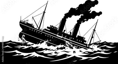 Sinking steamship in rough sea waves. Vintage style illustration of a maritime disaster, shipwreck, and emergency at sea. Black and white dramatic vector art.