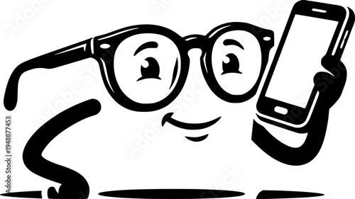 Funny cartoon character of eyeglasses holding a smartphone. Retro black and white mascot in rubber hose style representing smart technology and vision.