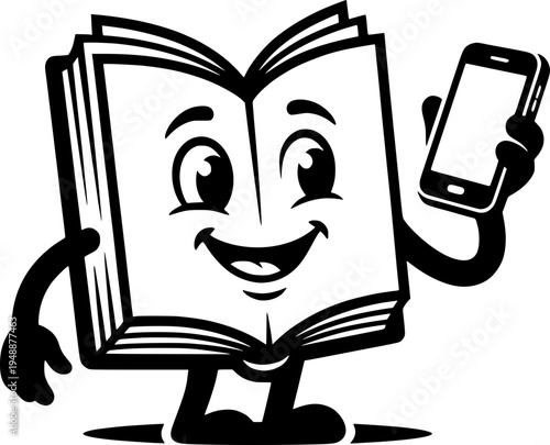 Cheerful cartoon book character holding a smartphone. Retro black and white mascot in rubber hose style representing digital reading, ebooks, and education.