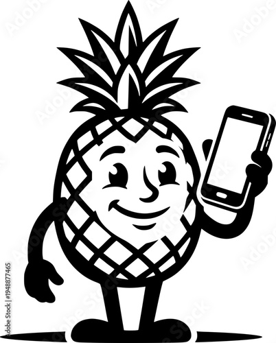 Cheerful cartoon pineapple character holding a smartphone. Retro black and white anthropomorphic fruit mascot with a big smile and classic style.