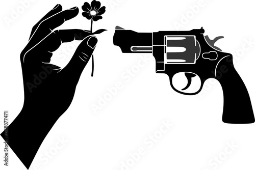 Hand holding a flower in front of a revolver gun barrel. Concept of peace, non-violence, anti-war protest, and love over hate. Black and white silhouette vector illustration.