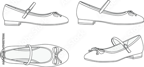 Mary Jane shoe multi-view technical line drawing illustration featuring strap buckle bow rounded toe low heel flat vector illustration