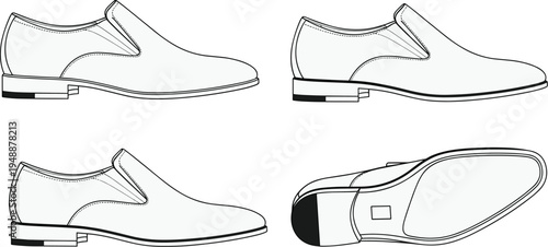 Slip-on dress shoe multi-view technical line drawing illustration featuring side top bottom views sole heel seam flat vector illustration